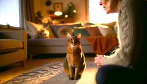 Un chat assis devant un humain qui lui donne des instructions.