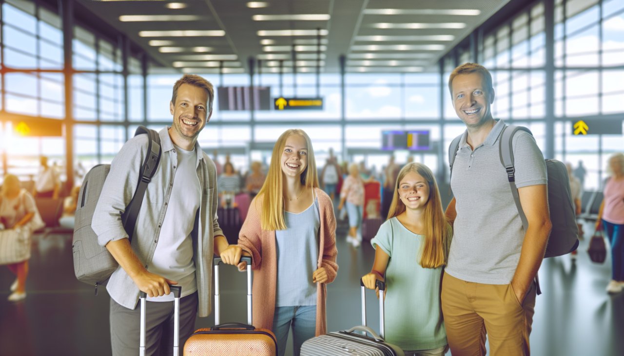 Une famille souriante portant des bagages, attendant leur vol dans un terminal d'aéroport.