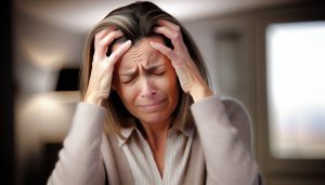 Une femme tenant sa tête avec une expression de douleur sur son visage.