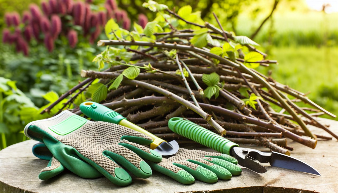 Des gants de jardinage et des outils écologiques posés à côté d'un tas de ronces coupées.