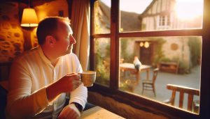 Un homme assis à une table avec une tasse de café à la main, regardant par la fenêtre le soleil se lever.