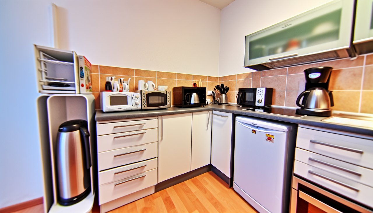 Une petite cuisine bien organisée avec des appareils électroménagers essentiels comme un petit réfrigérateur, un four à micro-ondes compact, une bouilloire électrique, un grille-pain, une machine à café et un mixeur sur le comptoir.