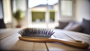 Une brosse à cheveux posée sur une table en bois clair.