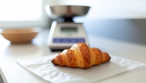 Un croissant français bien doré posé sur une balance de cuisine.