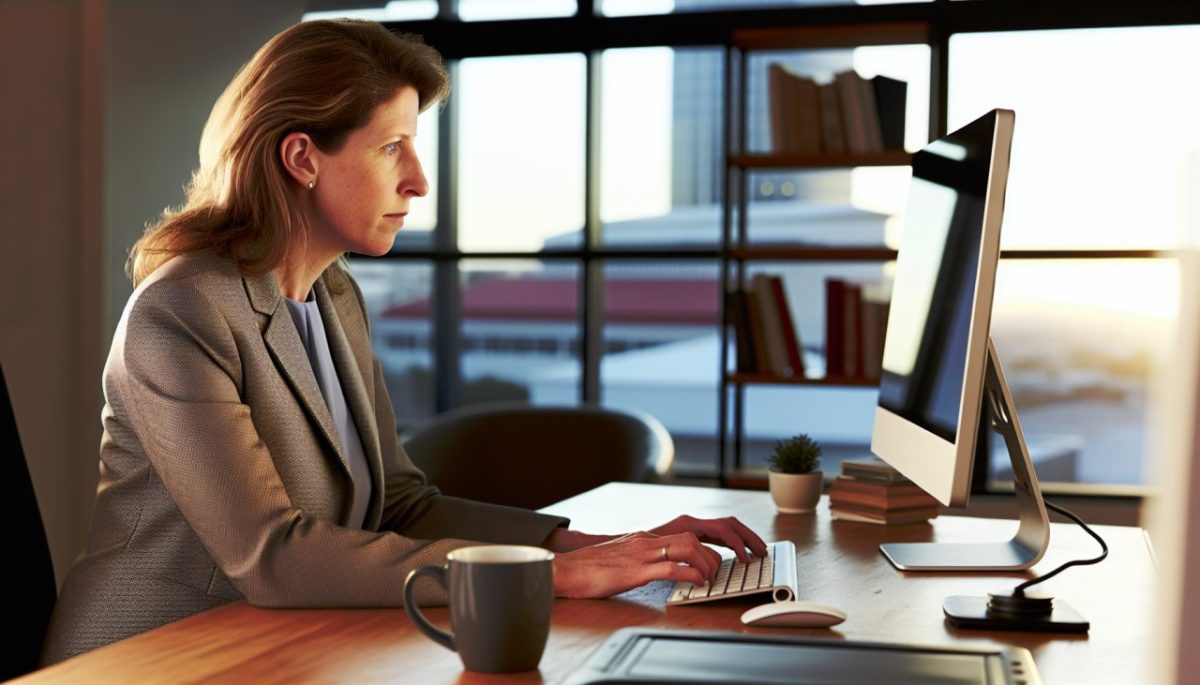 Une femme assise à son bureau, en train de vérifier son email sur son ordinateur.