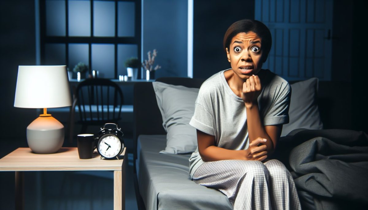 Une femme éveillée, assise sur son lit dans une chambre sombre, regardant anxieusement le réveil sur sa table de nuit.
