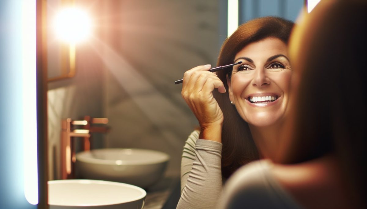 Une femme souriante dans la quarantaine appliquant de l'eye-liner devant un miroir.