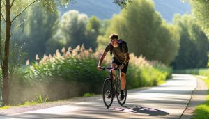 Un jeune homme en train de pédaler sur une piste cyclable, en pleine nature.