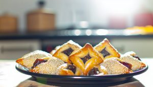 Un plateau de Makrouts, des pâtisseries orientales en forme de losange, enrobées de graines de sésame et garnies de dattes.