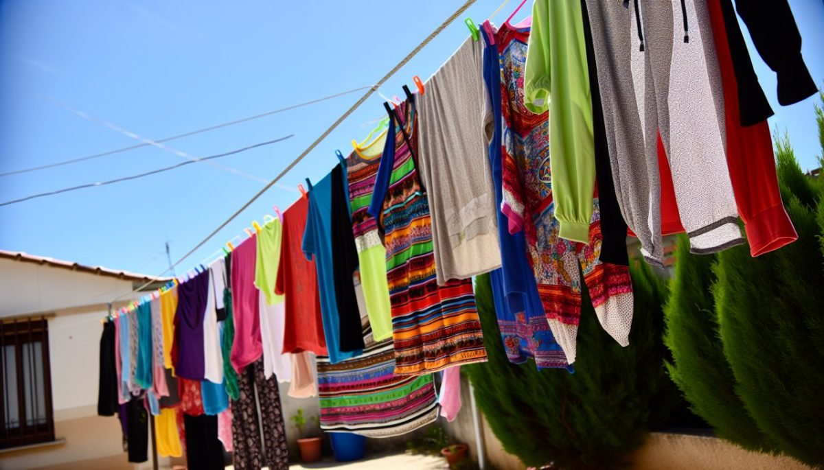Des vêtements colorés suspendus à une corde à linge à l'extérieur par une belle journée ensoleillée.