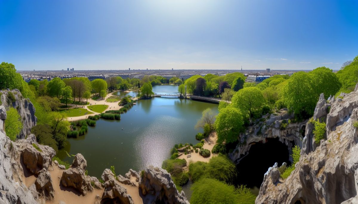 Une vue panoramique du Parc des Buttes-Chaumont avec son lac, sa grotte et son pont suspendu, sous un ciel bleu ensoleillé.