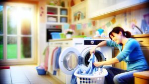 zoom sur une femme qui fait une machine à laver avec des vêtements de bébé