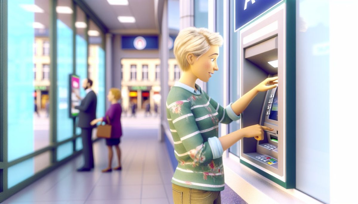 Une femme en train d'insérer sa carte bancaire dans un distributeur automatique de billets.