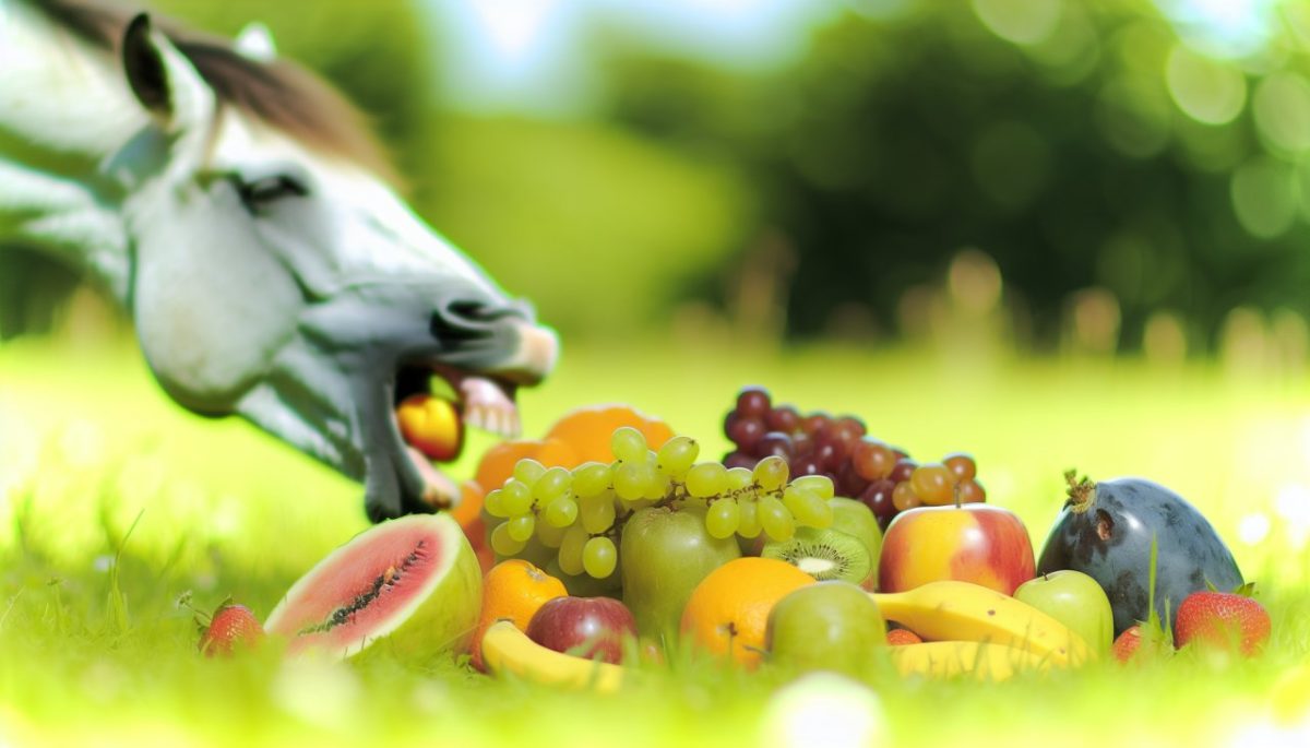 Un cheval en train de manger une pomme avec d'autres fruits, comme des carottes, des bananes, des poires, des cerises, des fraises et des raisins, disposés à proximité.