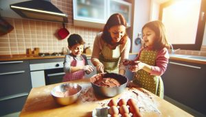 Des enfants en train de préparer un gâteau au chocolat dans une cuisine.