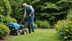 un homme démarre une tondeuse dans son jardin