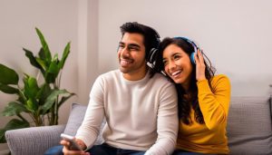 Un couple heureux écoute de la musique dans un canapé