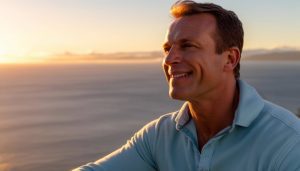 Un homme heureux regarde le levé du soleil