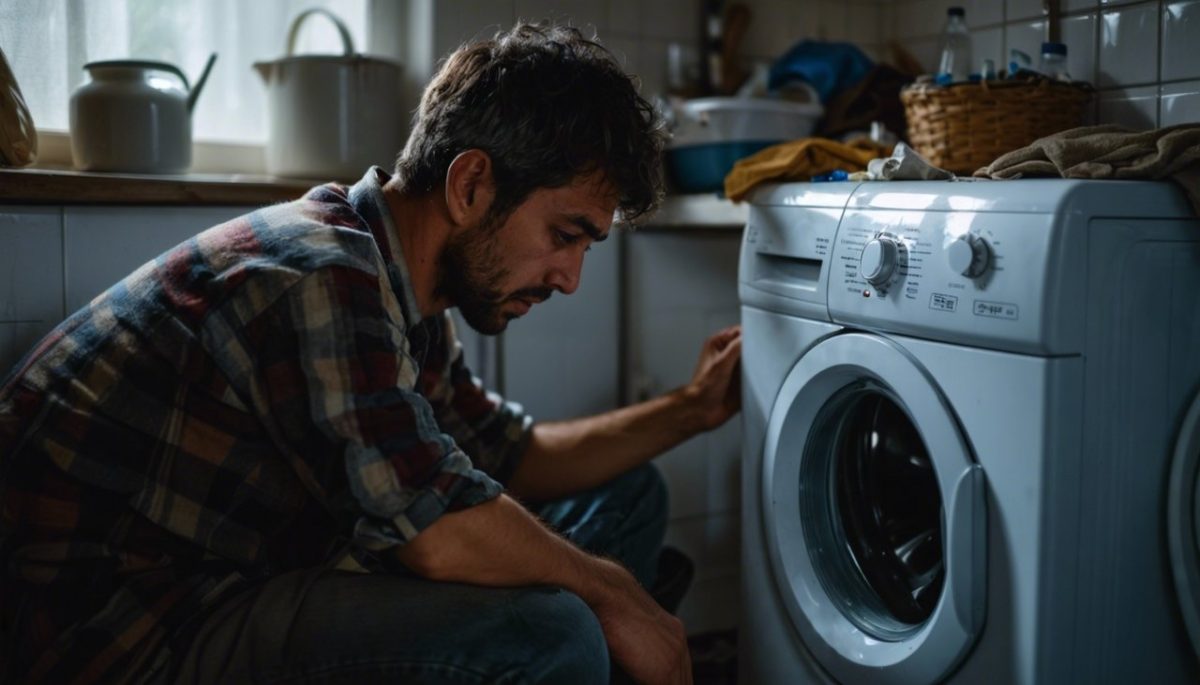 un homme est triste en essayant de réparer une machine à laver