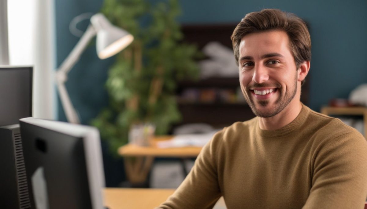 un homme content lève le pouce devant son ordinateur