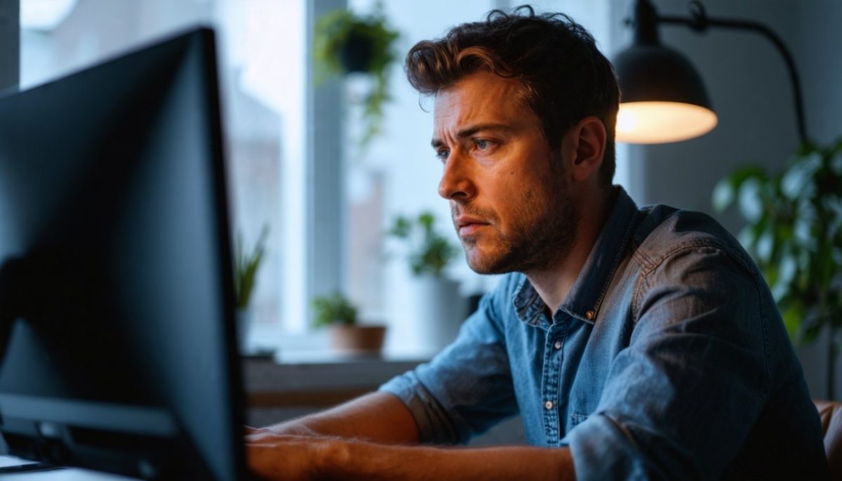 un homme regarde son ordinateur inquiet