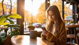 Femme qui lis un article sur telephone
