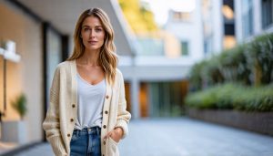 une femme porte  un gilet boutonné et des slingbacks
