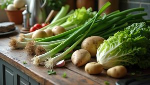 Ciboule/Oignon vert, Céleri, Laitue romaine, Ail, Pomme de terre sur plan de travail d'une cuisine