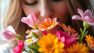 sentir un bouquet de fleurs